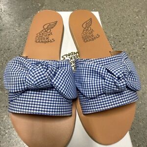 NWT Ancient Greek Sandals Taygete Bow Gingham Blue